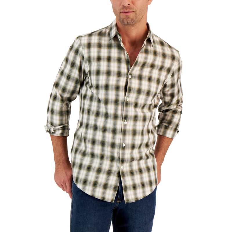 Alfani Mens Plaid Shirt Costa Green Long Sleeve Small