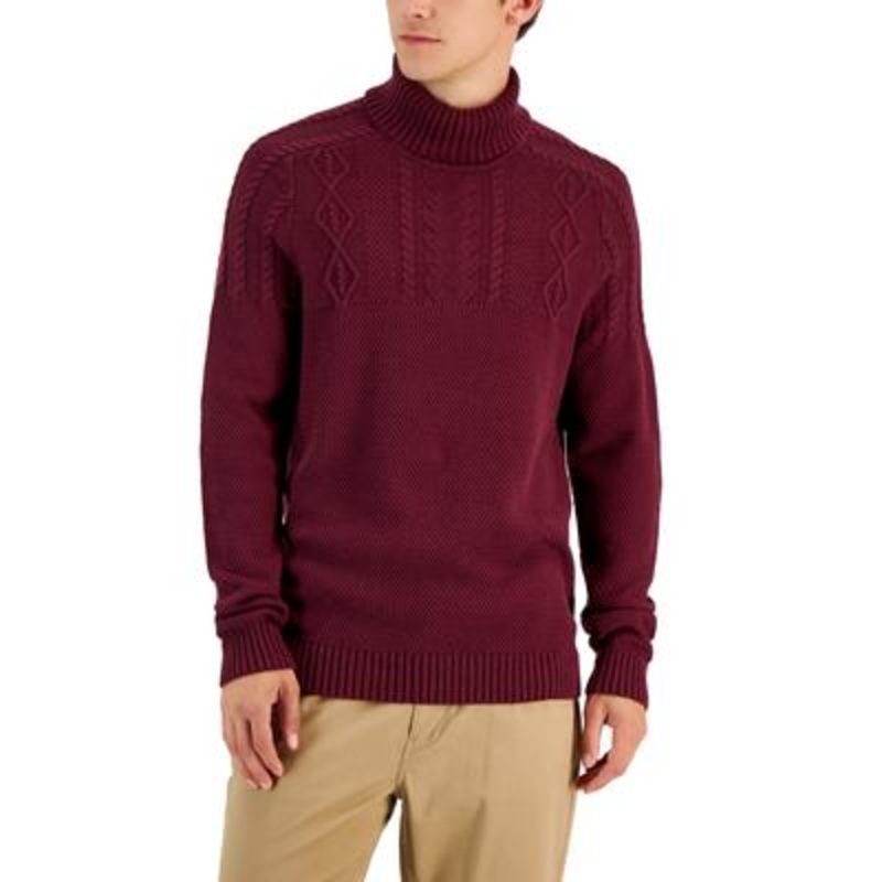 Club Room Men's Red Plum Chunky Cable Knit Sweater Turtle Small