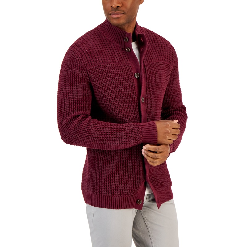Club Room Men's Red Plum Waffle Cardigan Sweater Size Large
