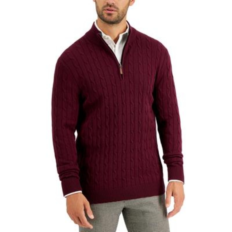 Club Room Mens Cable-Knit Sweater Quarter-Zip Red Plum XL