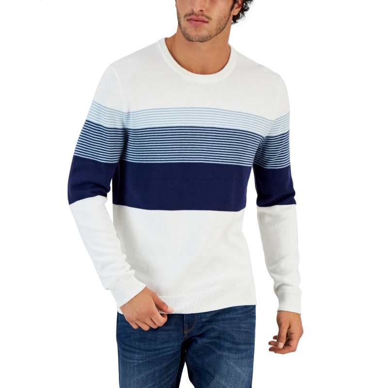 Club Room Mens Striped Sweater Ivory Blue Medium