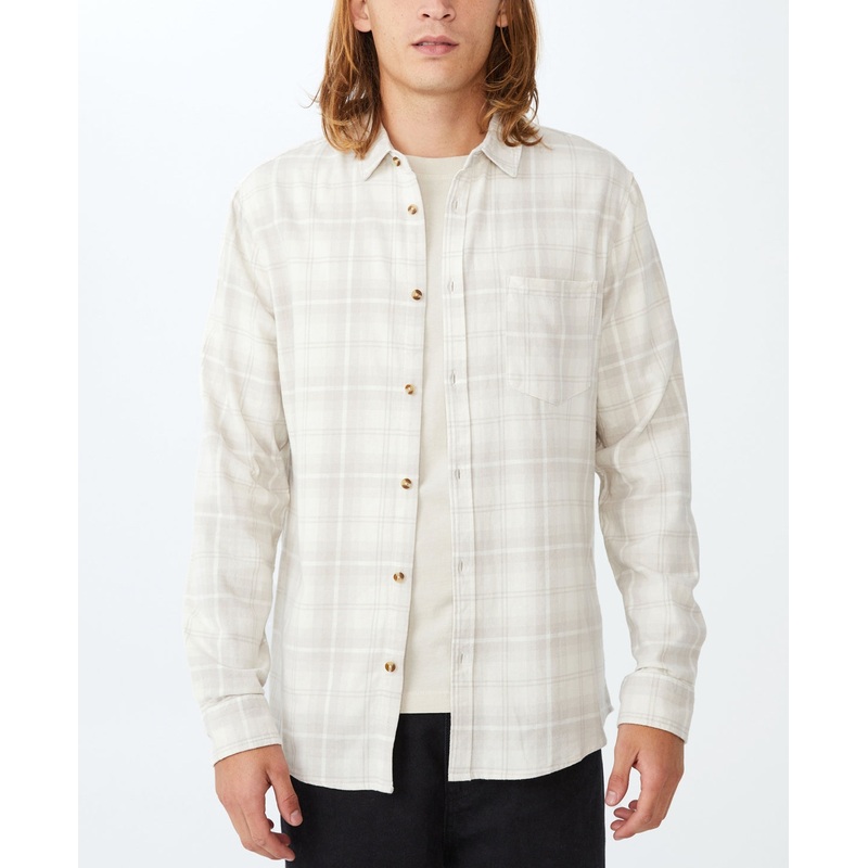 Cotton On Men's Camden Plaid Collared Button-Down Shirt Bone Check Large