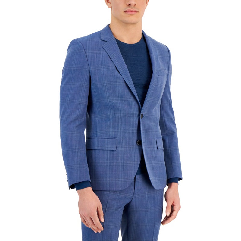 HUGO Boss Mens Slim-Fit Plaid Superflex Suit Jacket 46R Wool Sport Coat