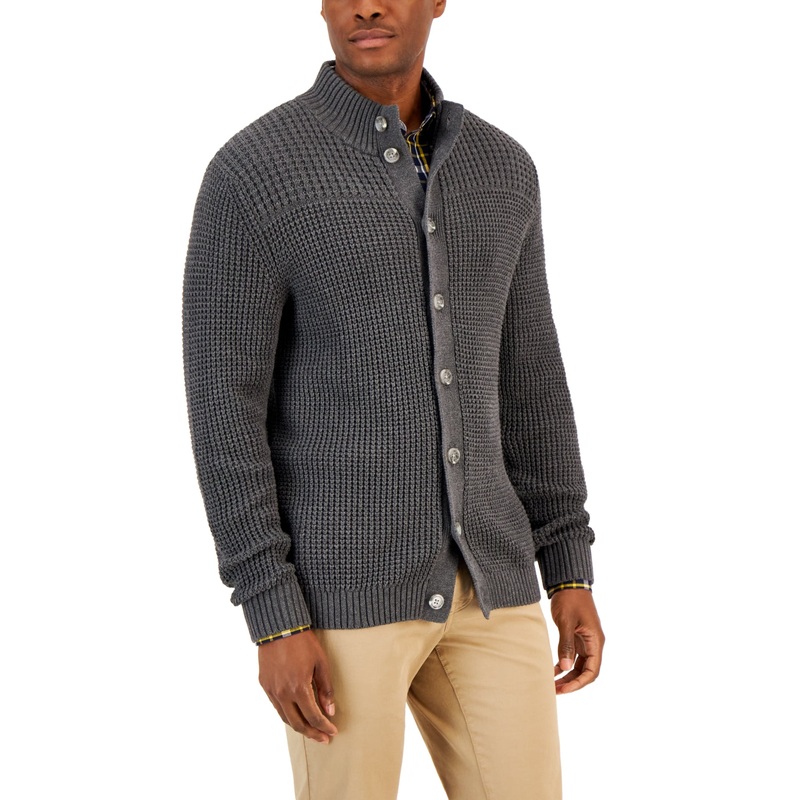 Mens Chunky Waffle Cardigan Sweater Charcoal Heather 2XL