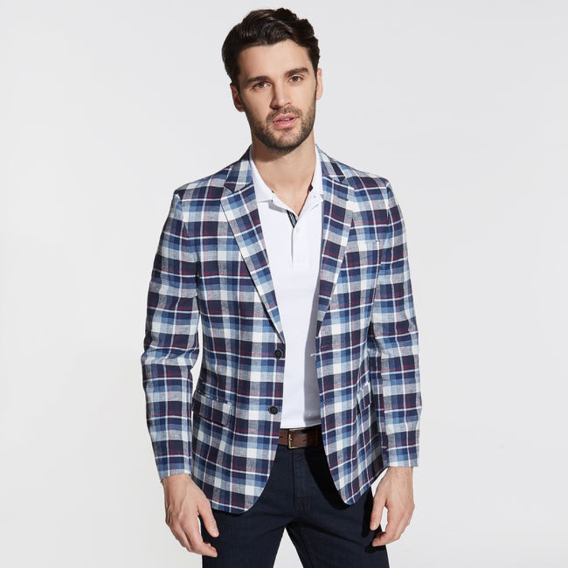 Nautica Mens Modern Fit Brielle Linen Blend Sport Coat 42R Blue Multicolor Plaid