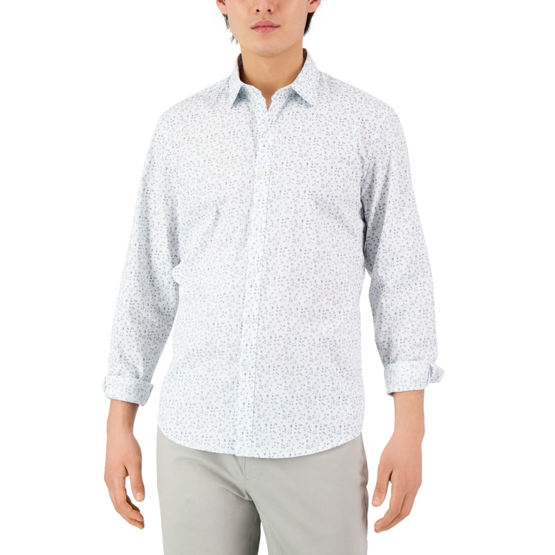 Alfani Mens Long-Sleeve Button Down Shirt Floral Print White Combo Medium