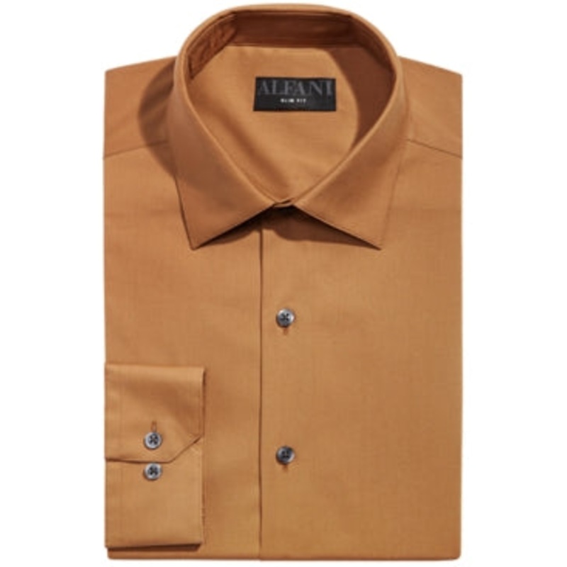 Alfani Mens Slim-Fit Wrinkle-Resistant Chipmunk Brown Shirt 16-16.5 / 32-33