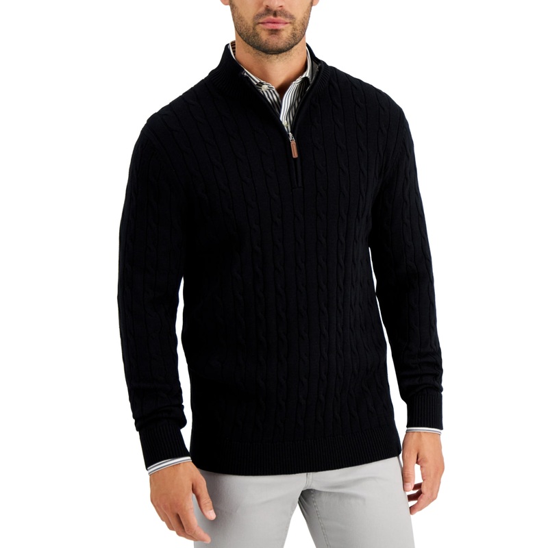 Club Room Cable-Knit Quarter-Zip Deep Black Medium