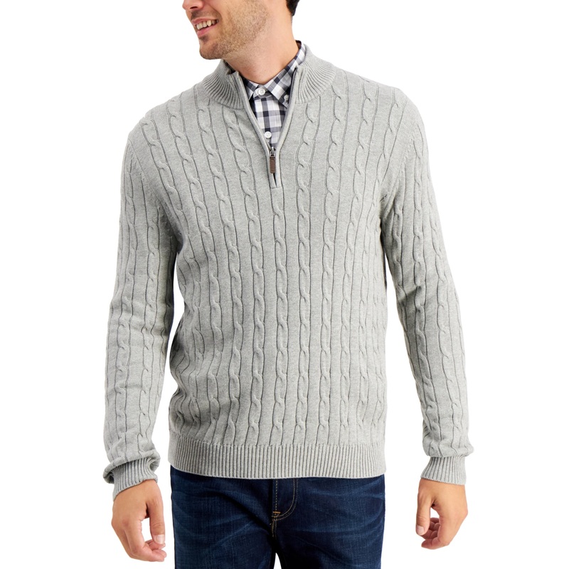 Club Room Men's Cable-Knit Quarter-Zip Sweater Soft Grey Heather Large