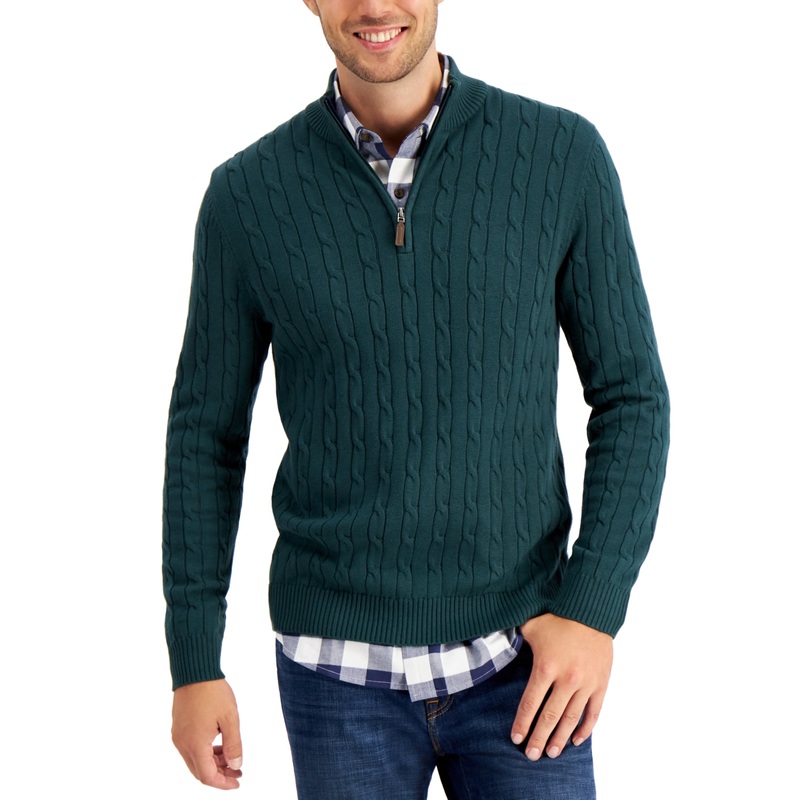 Club Room Men's Cable-Knit Sweater Quarter-Zip Pine Grove Green Large