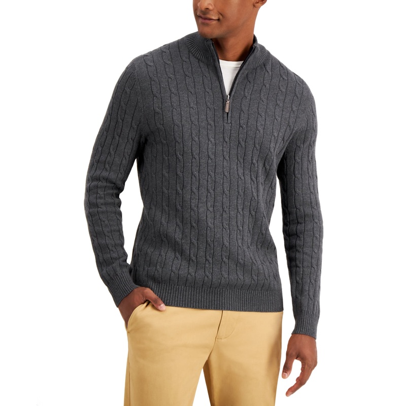 Club Room Men's Sweater Cable-Knit Quarter-Zip Charcoal Grey Heather Small
