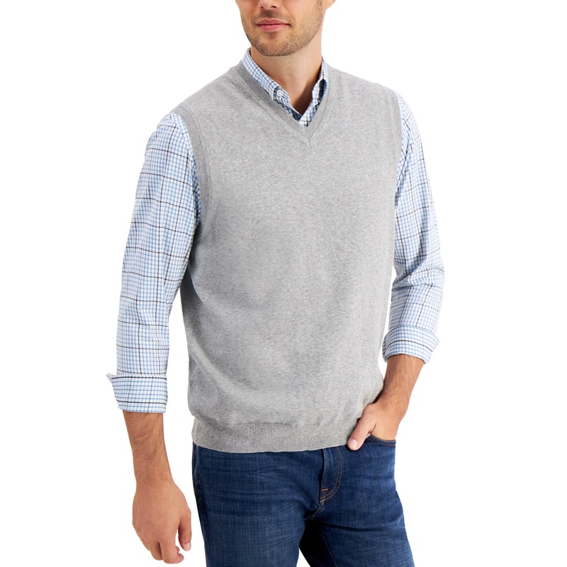 Club Room Men's V-Neck Sweater Vest Soft Grey Heather Large
