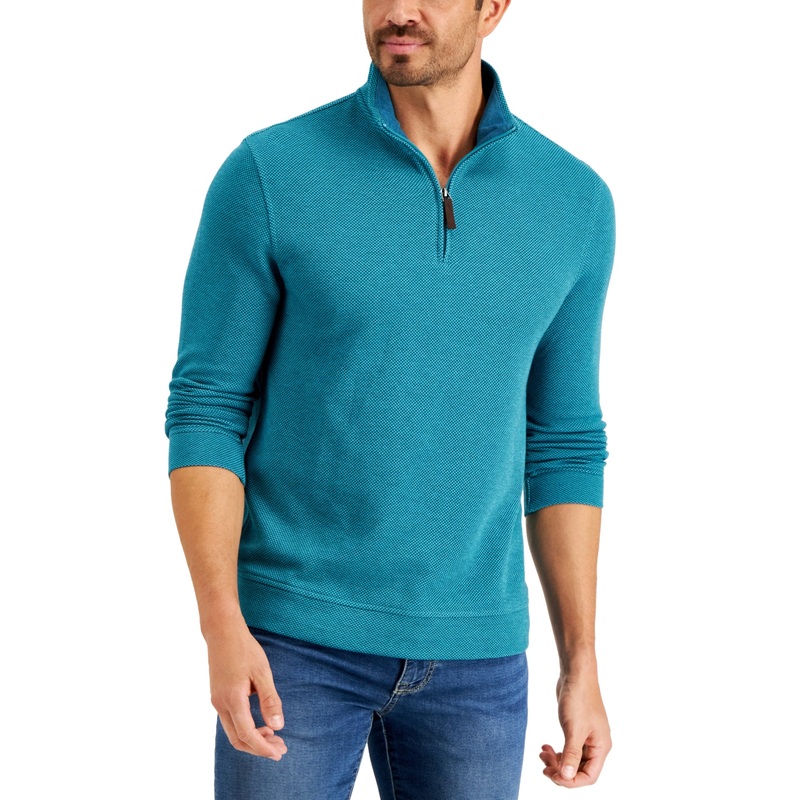 Club Room Mens Birdseye Quarter-Zip Pullover Tahitian Teal Sweatshirt Medium