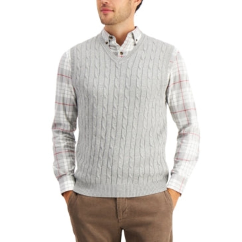 Club Room Mens Cable-Knit Sweater Cotton Soft Grey Heather 2XL