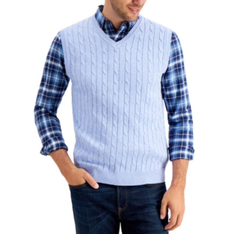 Club Room Mens Cable Knit Sweater Vest Blue Large