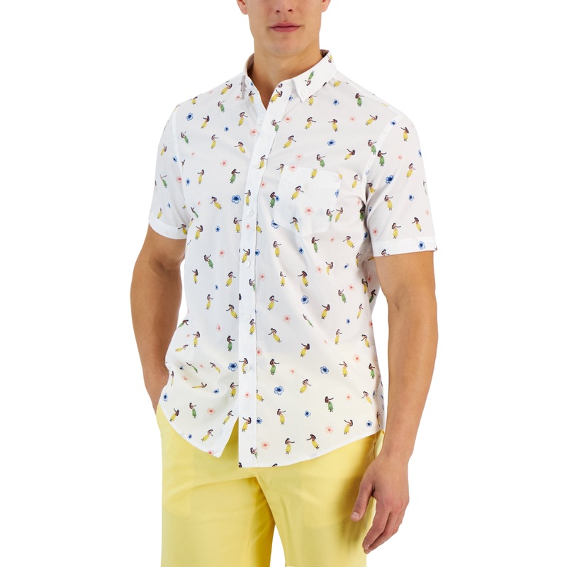 Club Room Mens Short Sleeve Button Down Print Shirt Bright White 2XL