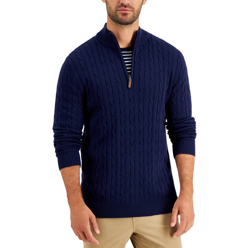 Mens Club Room Cable-Knit Quarter-Zip Navy Blue Sweater Large