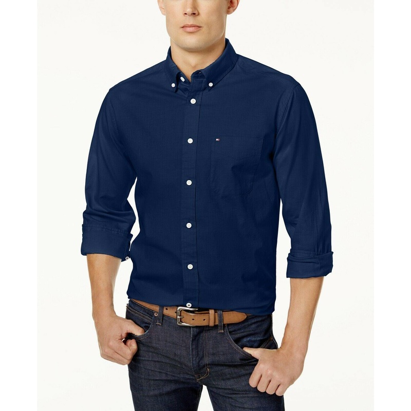 Tommy Hilfiger Mens New England Oxford Button Down Shirt Blue Medium