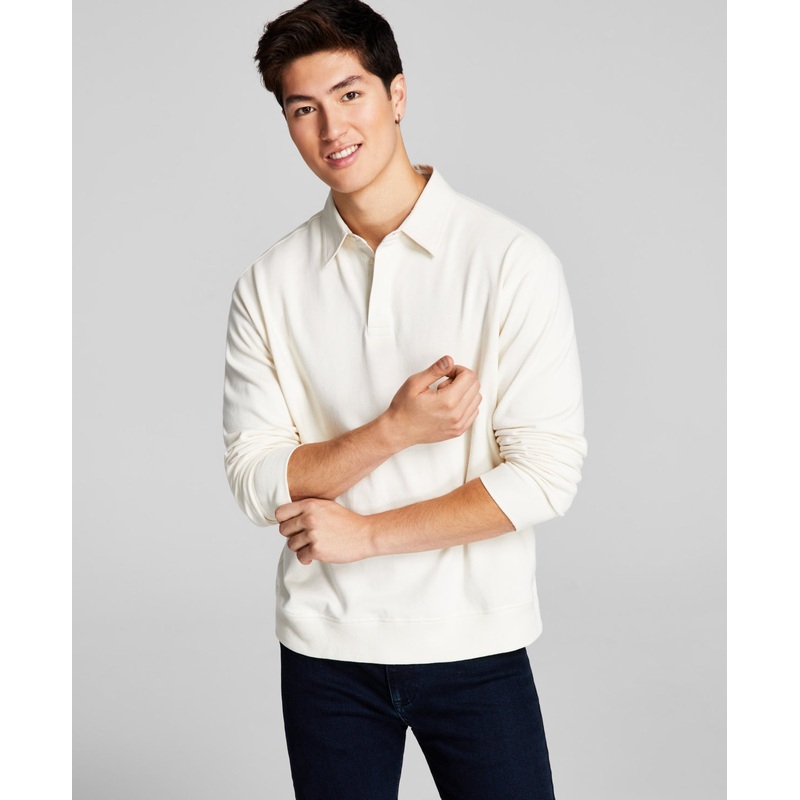 And Now This Men's Solid Fleece Polo Long-Sleeve Off White Medium