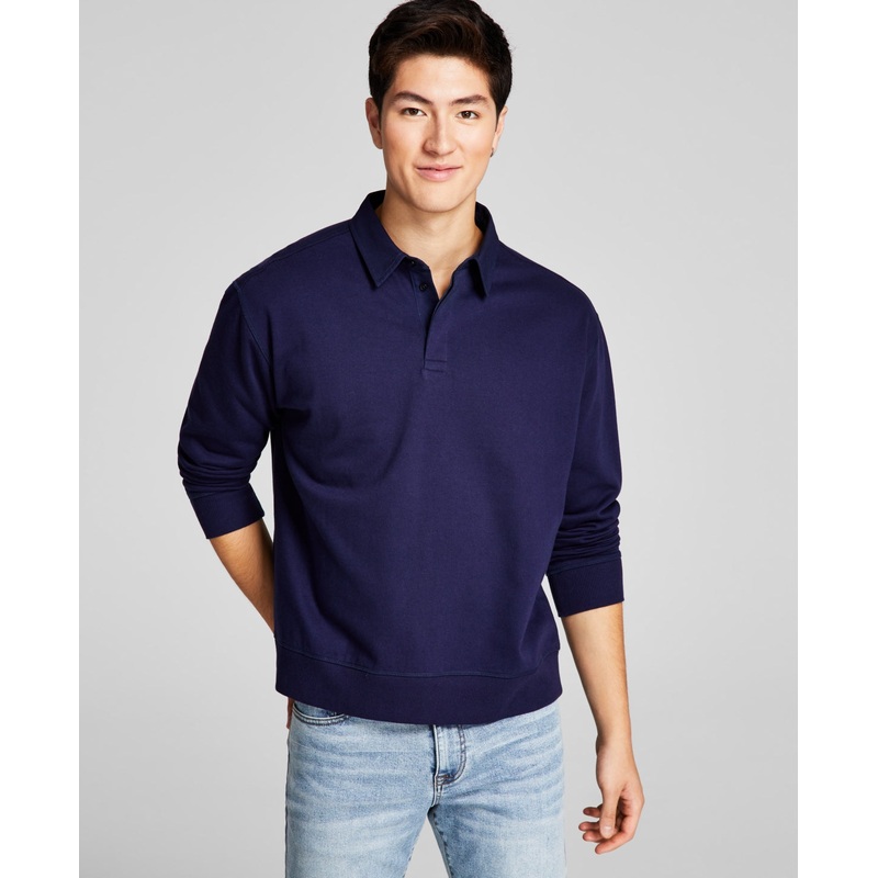 And Now This Men's Solid Fleece Polo Shirt Long-Sleeve Evening Blue Medium