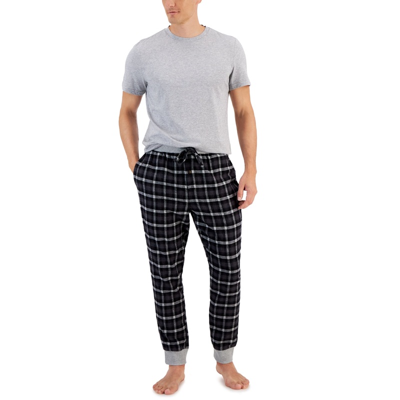 Club Room Mens Faro Solid T-Shirt and Black White Plaid PJ Pants Large