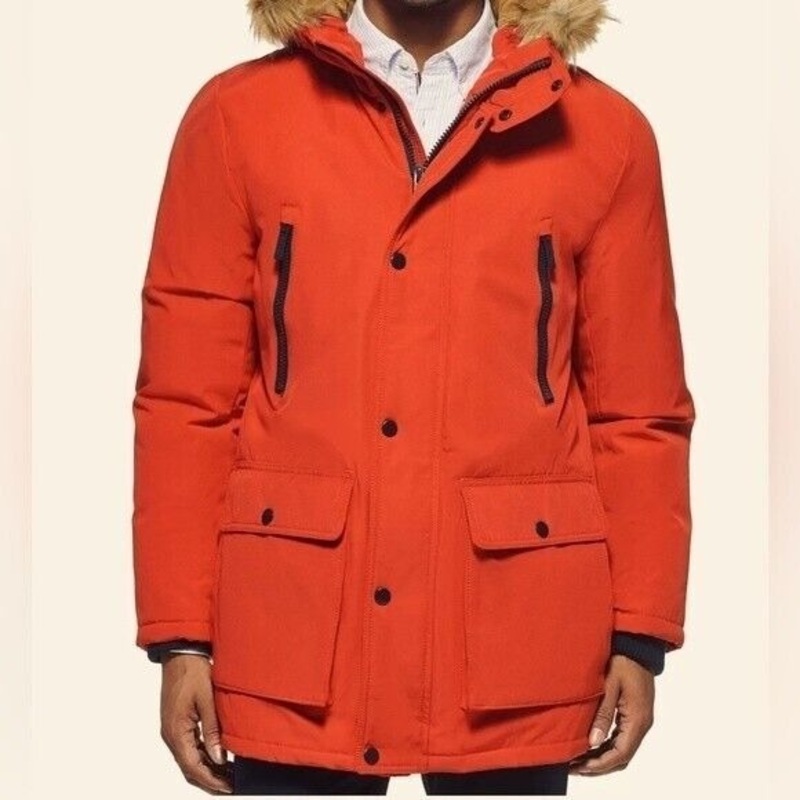 Club Room Mens Parka Coat Faux Fur-Hood Orange Small
