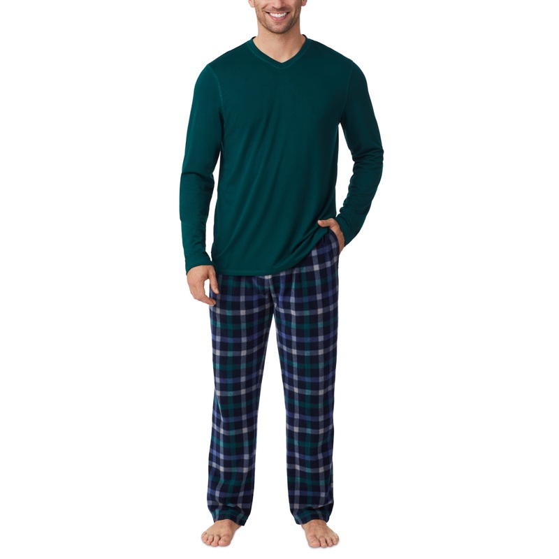 Cuddl Duds Men's Cabin 2-Pc. Solid Long-Sleeve Navy grey Plaid XL