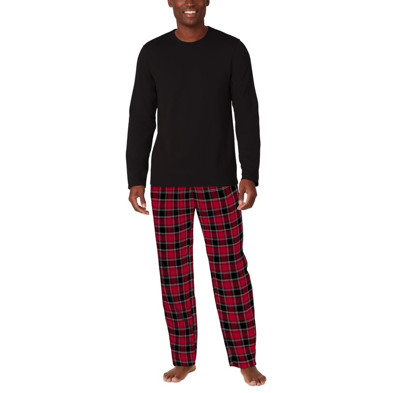 Cuddl Duds Men's Cozy Lodge 2-Pc. Solid Red Plaid Large