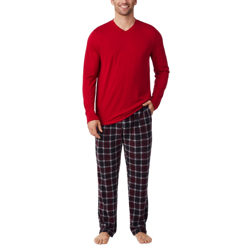 Cuddl Duds Men's Solid Black red Plaid Long-Sleeve Pajama Set Large