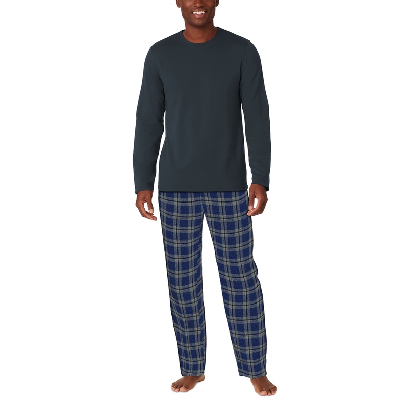 Cuddl Duds Mens Cozy Lodge 2-Pc. Long Sleeve Blue Heather Plaid Large