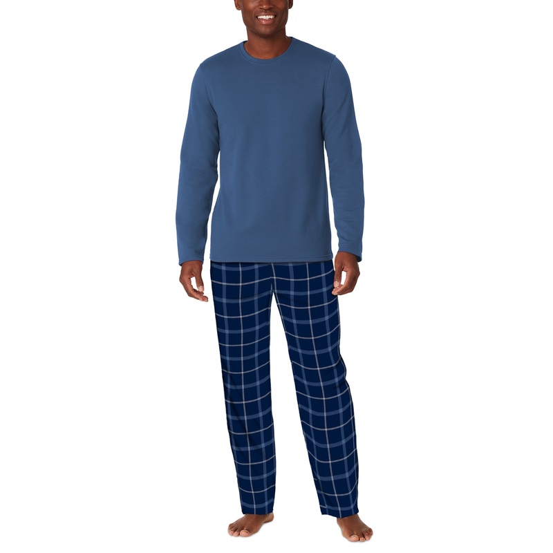 Cuddl Duds Mens Long Sleeve Cozy Lodge 2-Pc. Blue Plaid XL Set