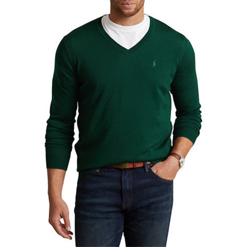 Polo Ralph Lauren Mens Big Tall Wool V Neck Sweater Green 2XB