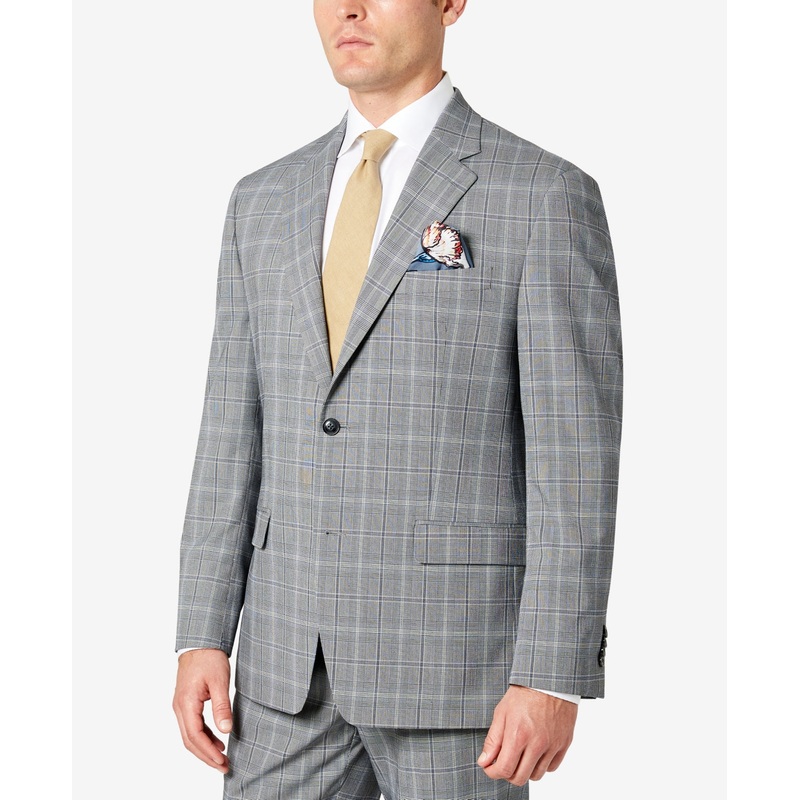 Sean John Mens Classic-Fit Patterned Suit Jacket Grey Blue 44R