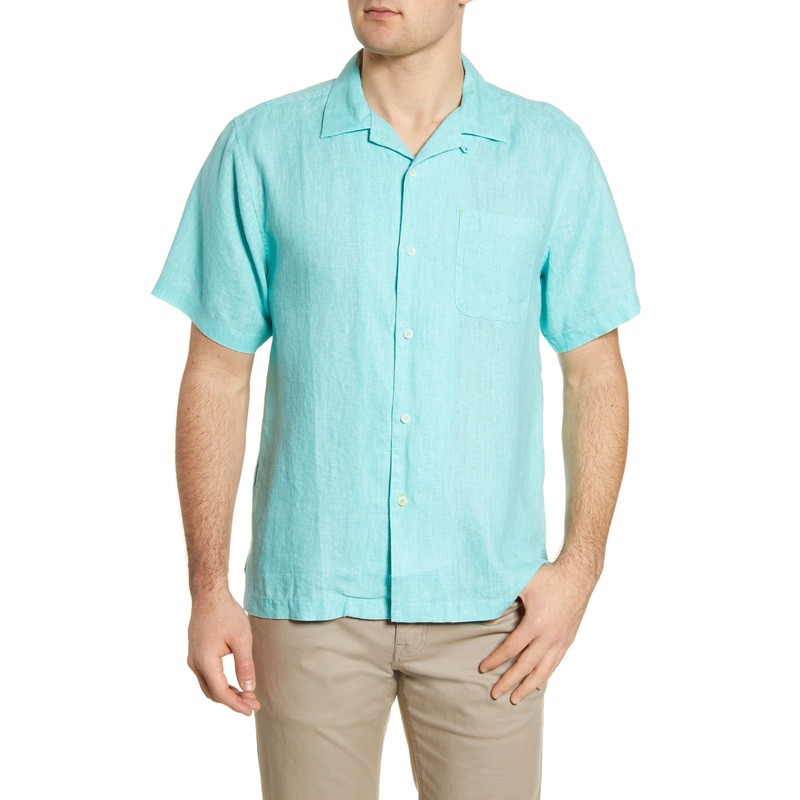 Tommy Bahama Mens Solid Short Sleeve Button Down Shirt Aqua Blue Medium