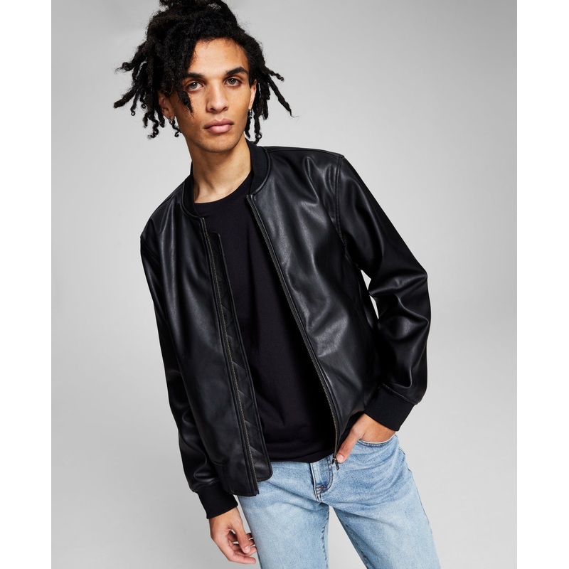 And Now This Mens Faux Leather Bomber Jacket Black Large