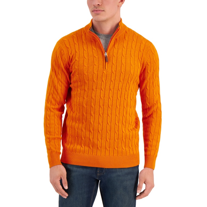 Club Room Men's Cable-Knit Quarter-Zip Sweater Campfire Orange Large