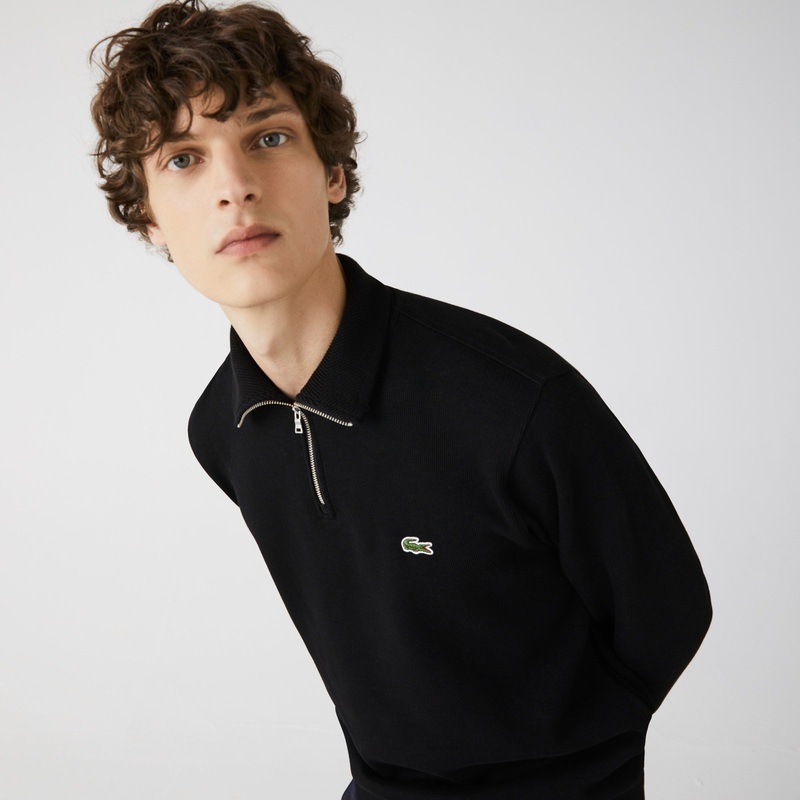 Lacoste Men's Solid Quarter-Zip Interlock Ribbed Sweatshirt Black Large