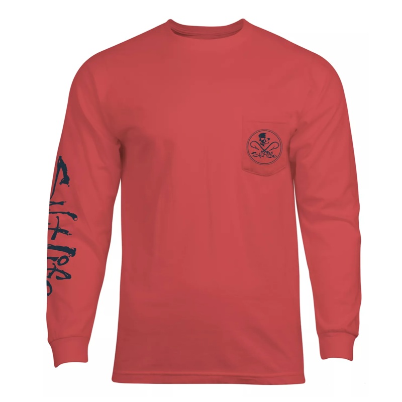 SALT LIFE Mens Skull & Hooks Logo Graphic Long Sleeve T Shirt Burnt Coral Large