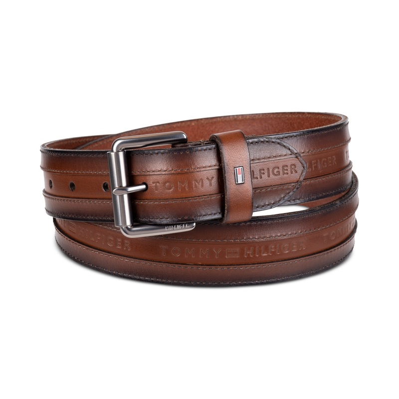 Tommy Hilfiger Mens Brown Tonal Stripe Leather Belt Brown Small