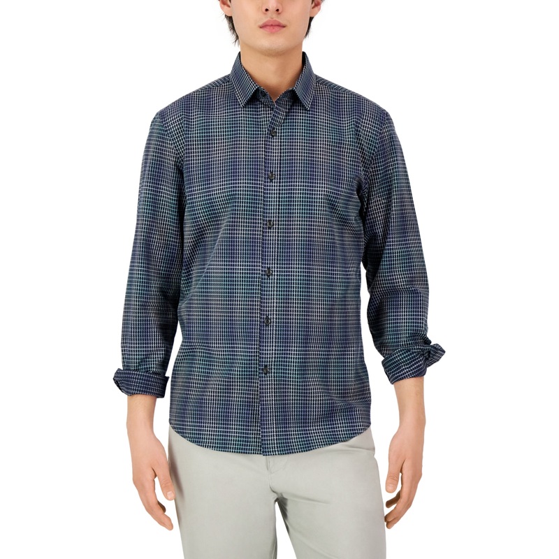 Alfani Men's Regular-Fit Gradient Plaid Shirt XL Neo Navy