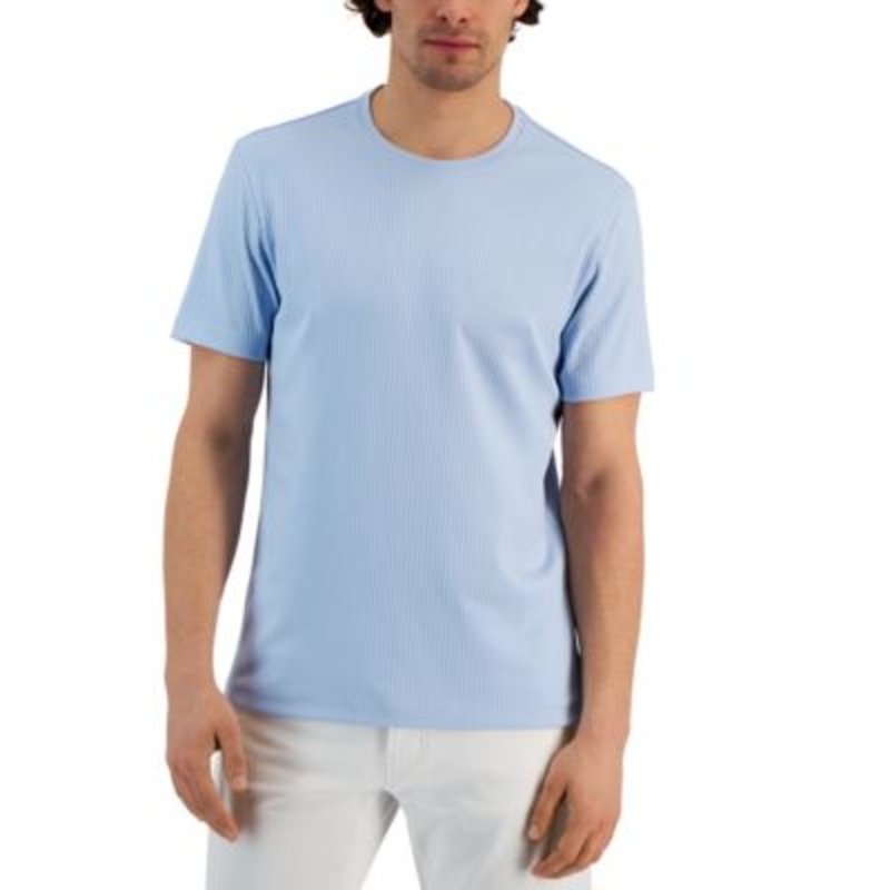 Alfani Mens Core Tech Short Sleeve Shirt Solid Ribbed-K Neo Navy Blue  Large