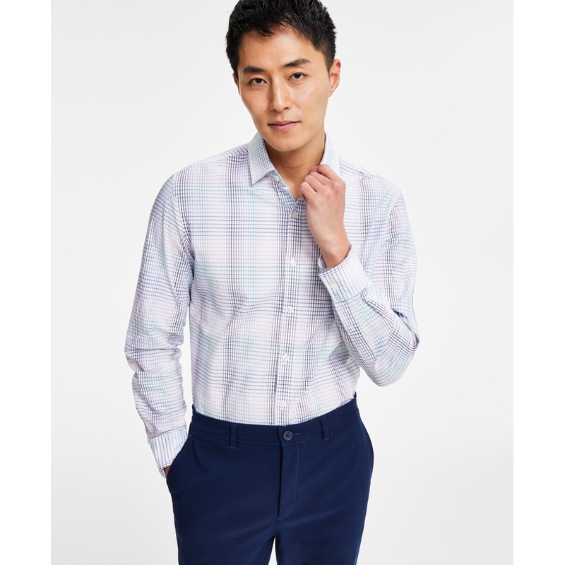 Alfani Mens Regular Fit Gradient Plaid Shirt White 2XL