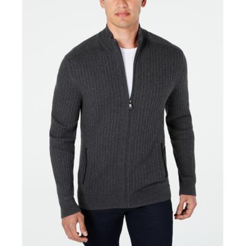 Alfani Mens Ribbed Full-Zip Sweater Charcoal Medium