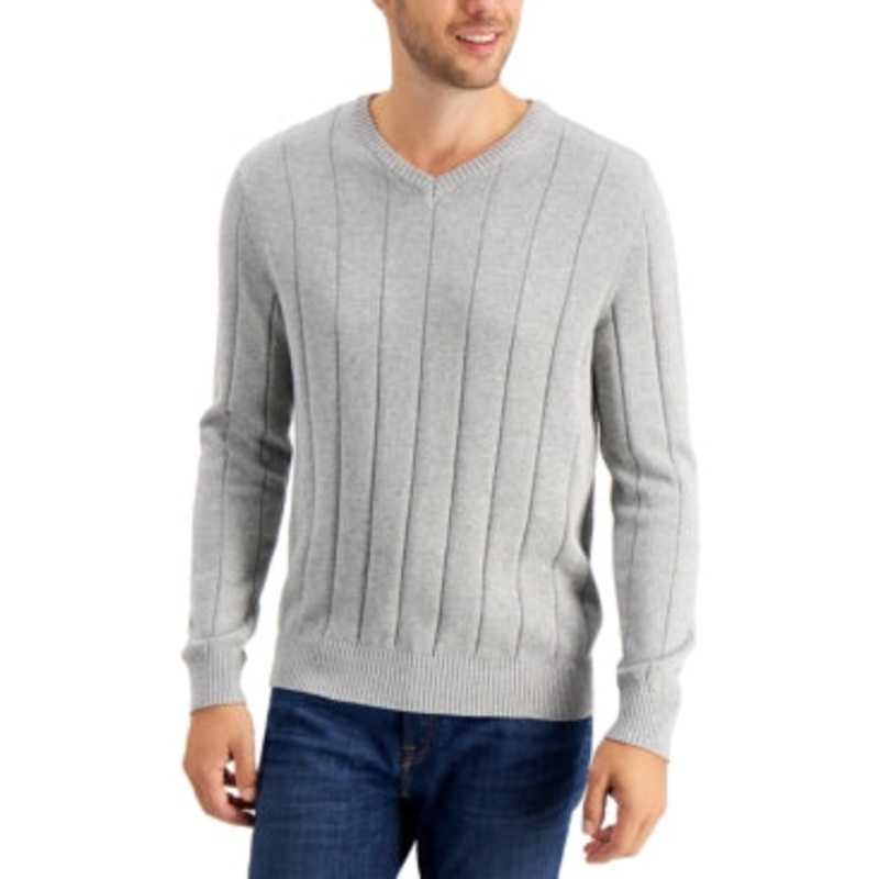 Club Room Men's Drop-Needle V-Neck Sweater Soft Grey Heather Large