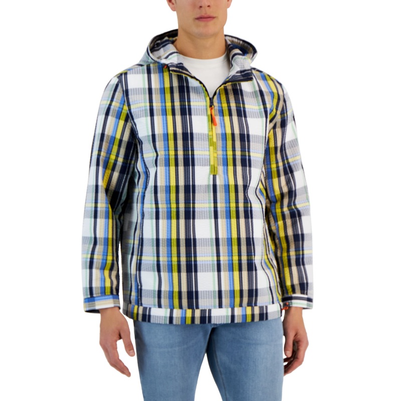Club Room Men's Seersucker Plaid Half-Zip Pullover Anorak Jacket 2XL White