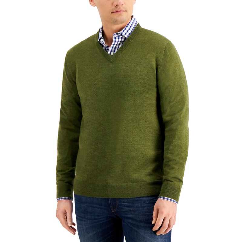 Club Room Mens V-Neck Sweater Olive Mist Heather Small