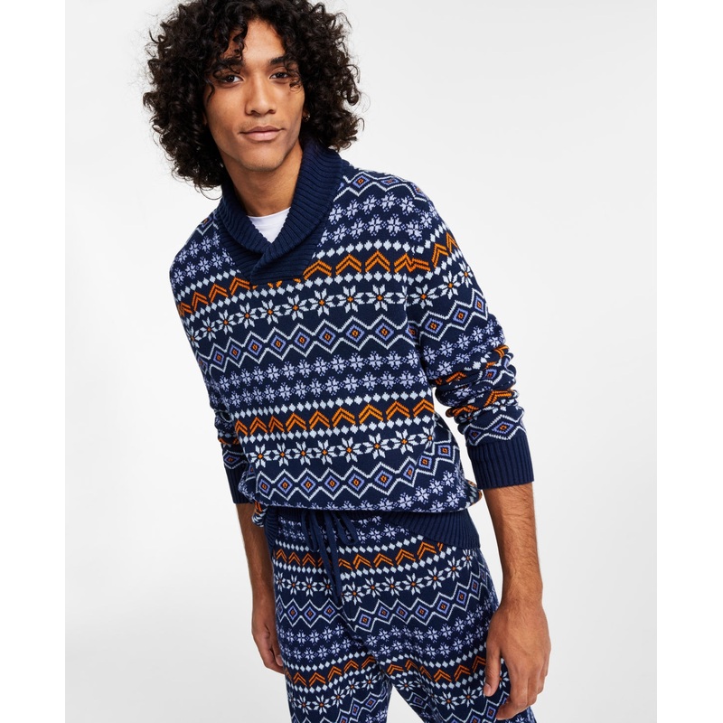 Sun + Stone Mens Fair Isle Shawl-Collar Sweater Blue XL
