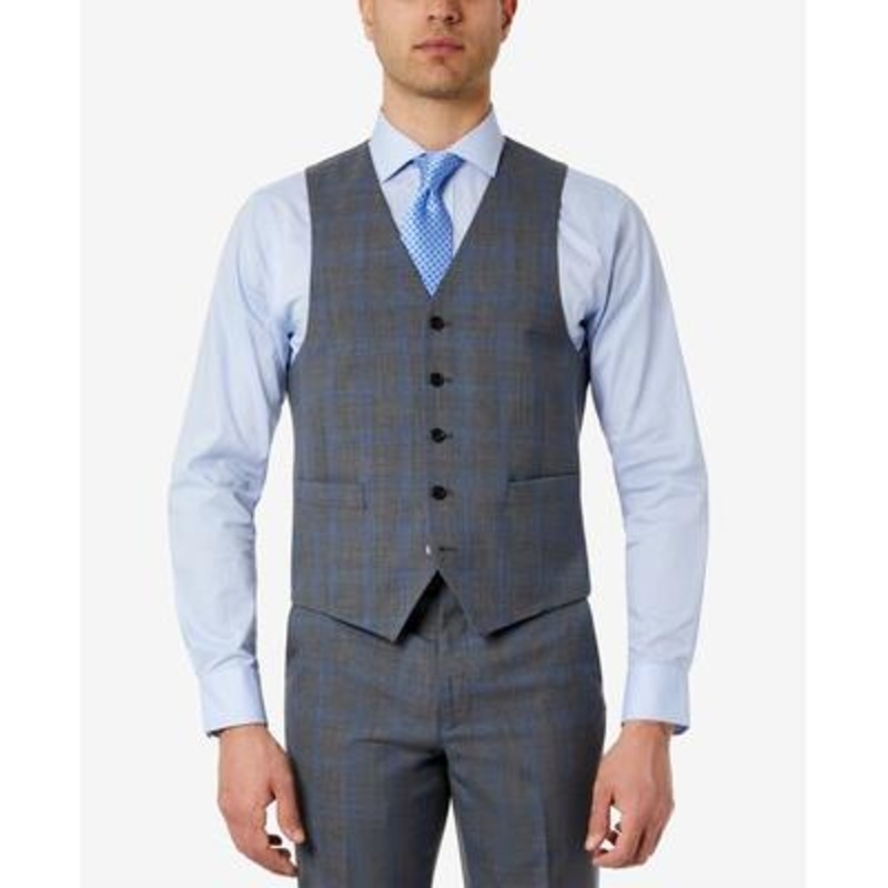 Lauren Ralph Lauren Mens Stretch Suit Vest Grey Blue Plaid Medium