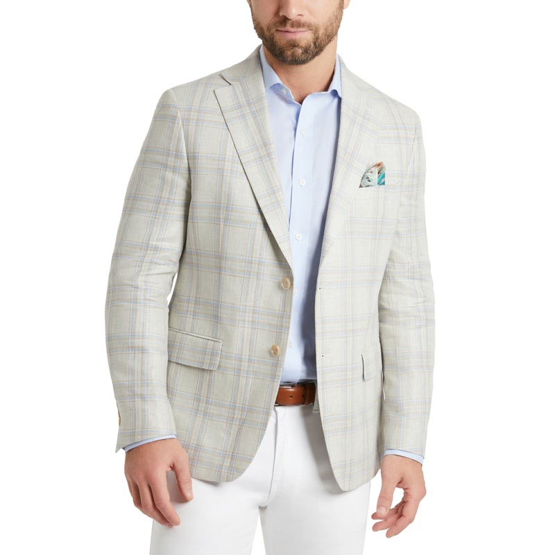 Tallia Mens Sport Coat Slim-Fit Linen Tan blue 42S