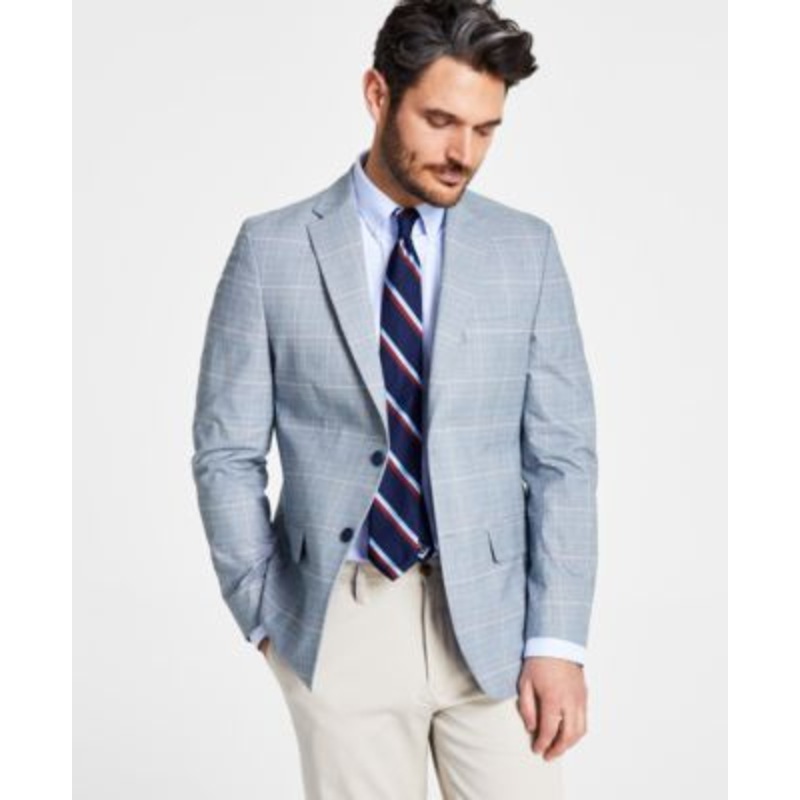 Tommy Hilfiger Mens Modern Fit Plaid Cotton Blazer Blue red 48L